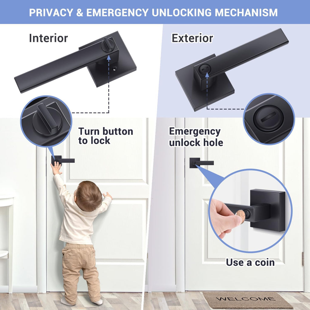 Interior Door Handle, 6 Pack Privacy Black Door Knobs Matte Black Door Handle Door Levers Heavy Duty with Modern Contemporary Slim Square Design for Home Bedroom & Bathroom Keyless Zinc-Alloy