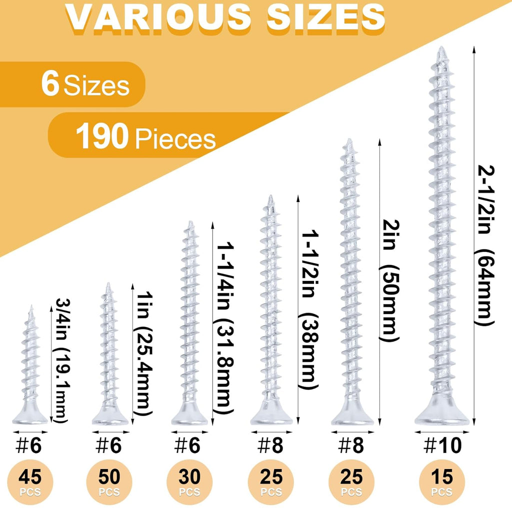 Wood Screws Assortment Kit, Flat Head Screws Set for Wood Drywall, 190 Pcs  Sheetrock Screws, 6 Sizes Assorted Screws (3/4”, 1”, 1-1/4”, 1-1/2”, 2”, 2-1/2”), with Organizer Box