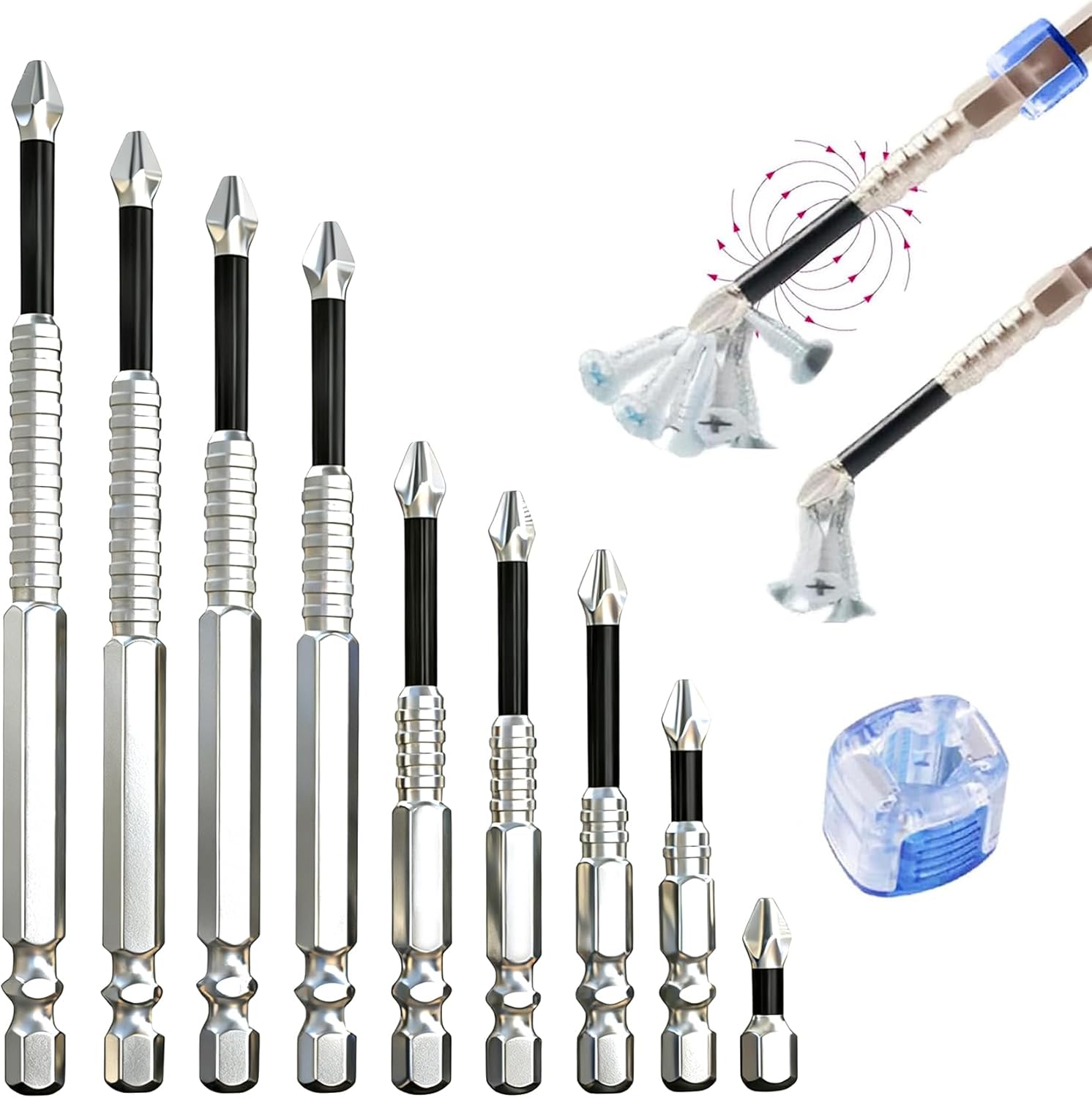 High Magnetic Screwdriver Drill Bit Set - With Magnetizer K5 Impact Resistant Non Slip Bit, Universal Anti-Slip Magnetic Electric Screwdriver Set, 25 50 65 70 75 90 100 120 150mm (9Pcs)