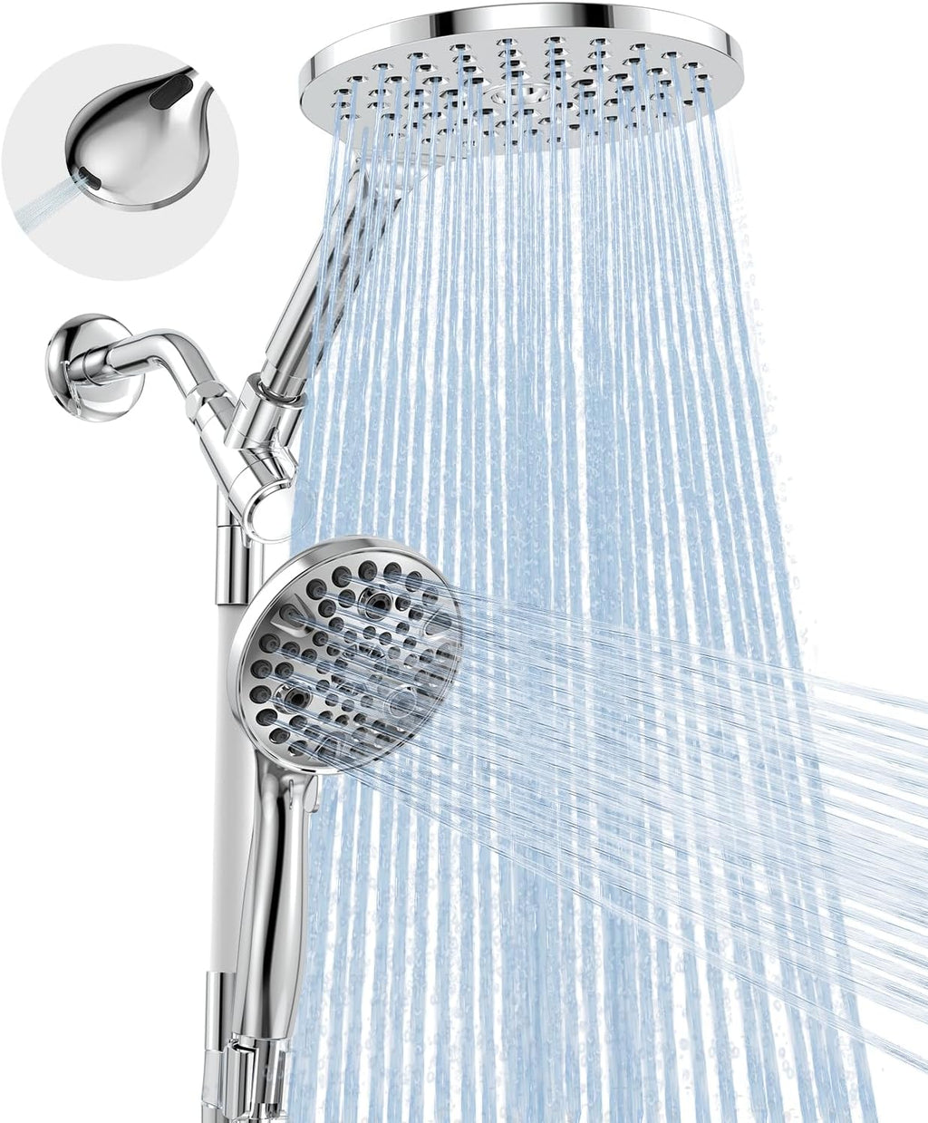 Dual Shower Combo Set — A 2-in-1 shower system featuring a large 8-inch overhead rain showerhead paired with a 10-setting high-pressure handheld showerhead (which includes a built-in high-power rinse mode).
