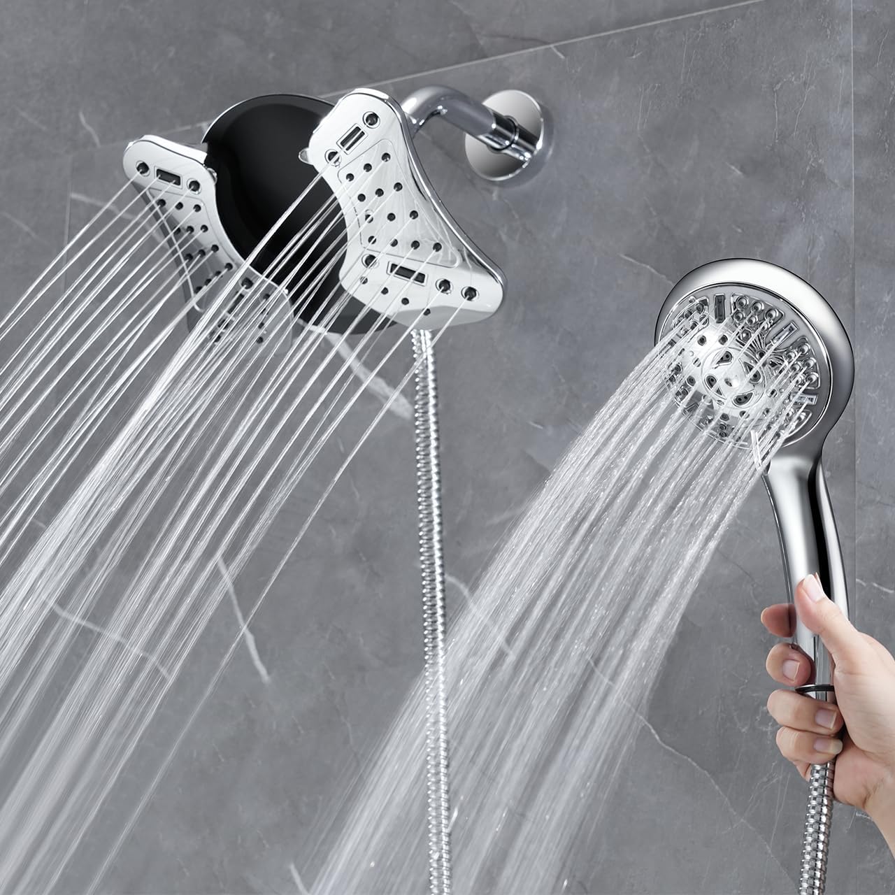 Shower Head Combo: 2-in-1 Design Featuring a High-Pressure Rainfall Head and a Handheld Spray; 9 Spray Modes/Settings, Detachable Head, Includes a 60-Inch Hose