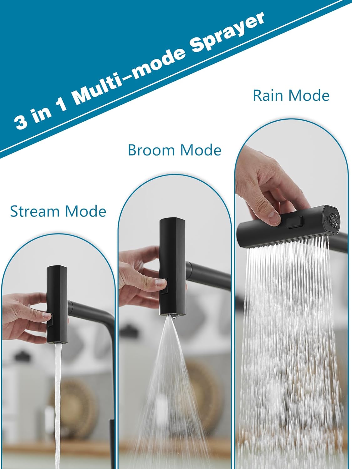 Black Kitchen Faucet (with Pull-Down Sprayer) | Waterfall-Style Kitchen Sink Faucet | Commercial-Grade Stainless Steel Kitchen Faucet | Single-Handle Kitchen Sink Faucet (with Pull-Down Sprayer & 3 Spray Modes)