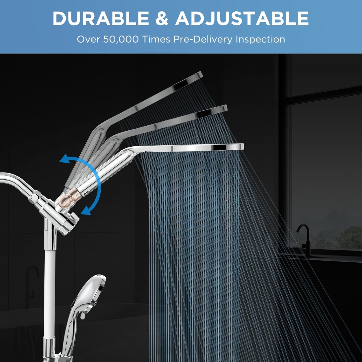 Dual Shower Combo Set — A 2-in-1 shower system featuring a large 8-inch overhead rain showerhead paired with a 10-setting high-pressure handheld showerhead (which includes a built-in high-power rinse mode).