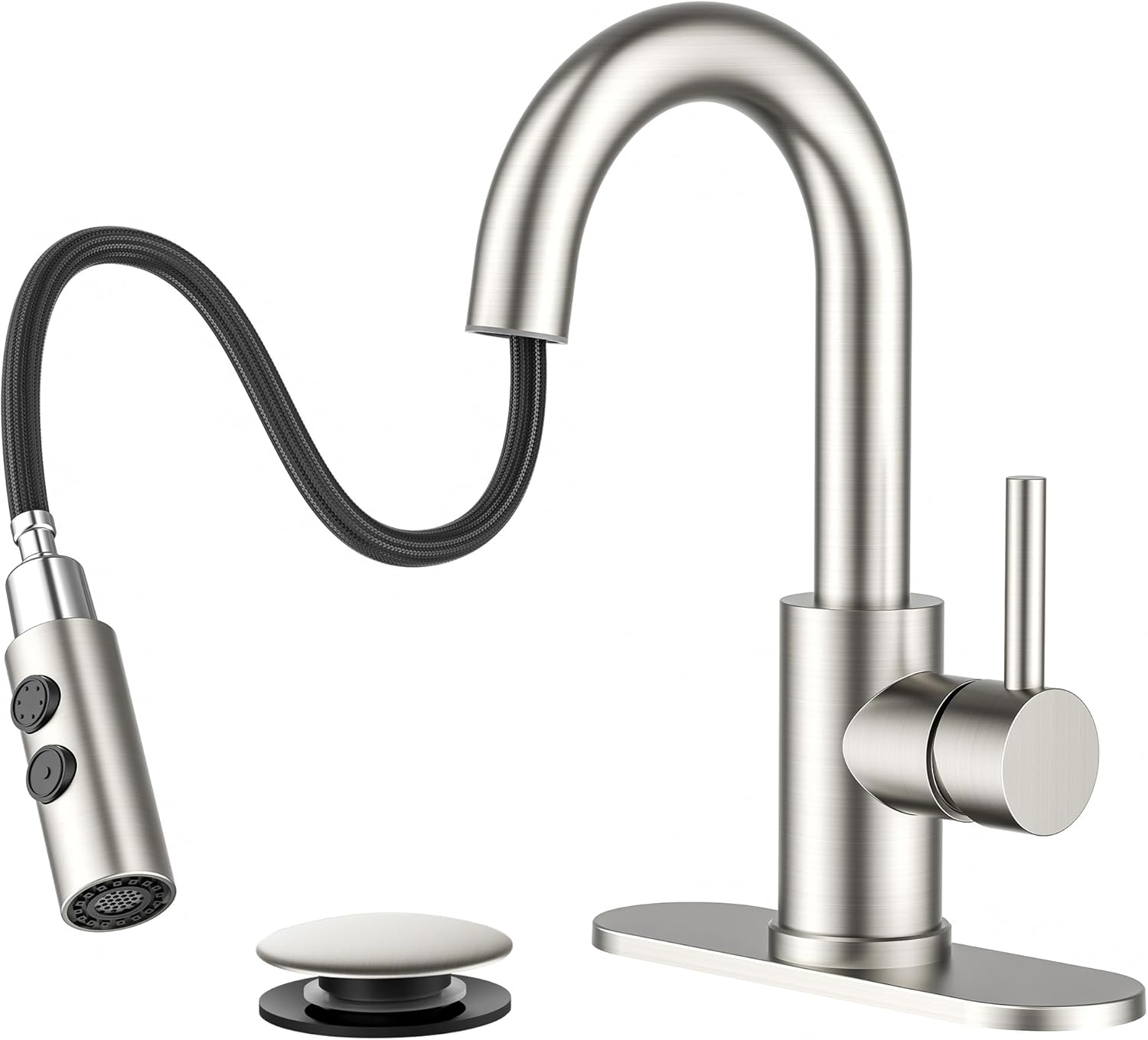 Bathroom Faucet (Single-Hole Installation with Pull-Down Sprayer) | 3-Hole Brushed Nickel Bathroom Sink Faucet (Includes Pop-Up Drain Assembly) | Ideal for RV/Bar/Laundry/Vanity/Utility Sink Upgrades | Single-Handle Design