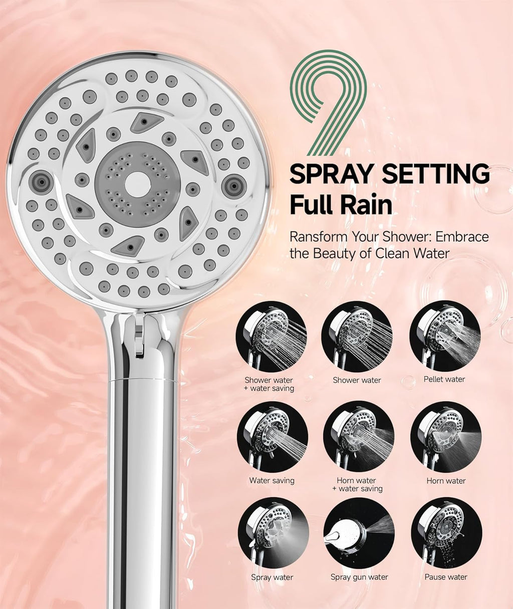 Filtered Shower Head (with Handheld Spray): 9 Spray Settings, Detachable Design; Specifically Engineered for Hard Water—Effectively Filters Residual Chlorine to Improve Skin and Hair Health (Chrome Finish)