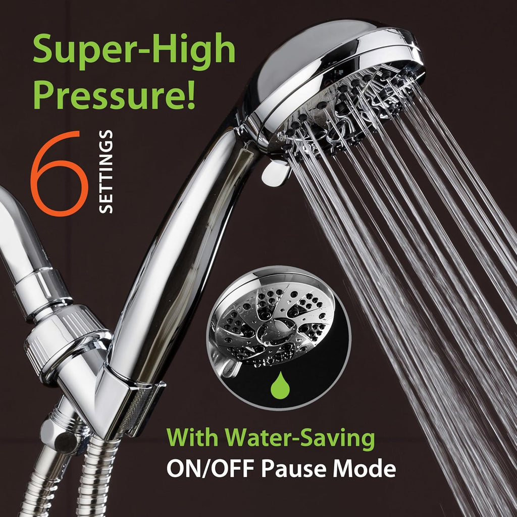 High-Pressure Handheld Showerhead — Features a 3.5-inch chrome faceplate and 6 distinct spray settings. Includes a hose to deliver the ultimate shower experience!