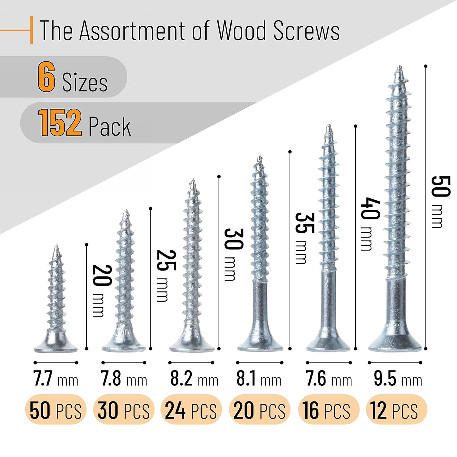 Wood Screws Assortment Kit, 152 pcs, Phillips Tips, Wood Screws, Screws, Assorted Screws, Screws Set, Flat Head Screws, Assorted Wood Screws, Screws Assortment, Screw Set Assortment
