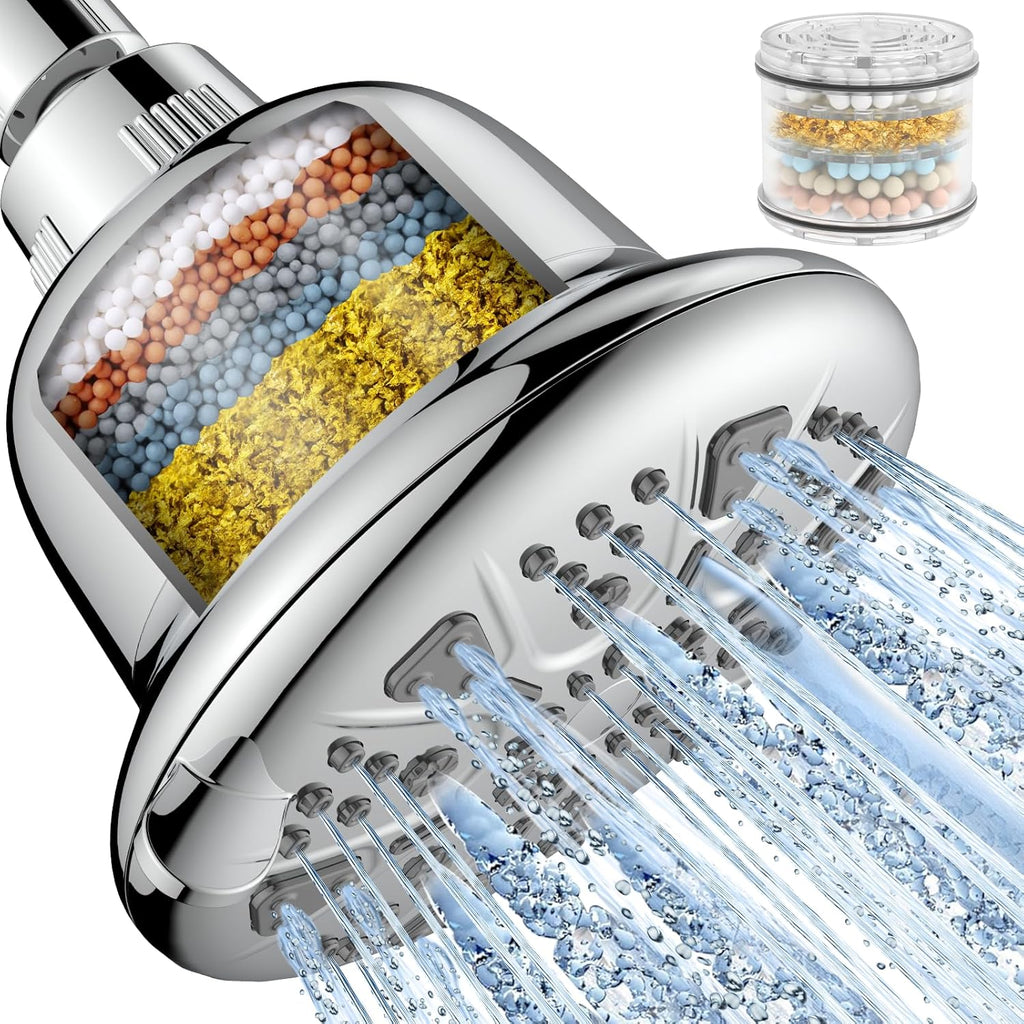Filtered Showerhead — High-pressure design with a built-in hard water softening filter cartridge. Features 7 spray settings and a rainfall-style showerhead; effectively removes residual chlorine and heavy metals (Chrome Finish).