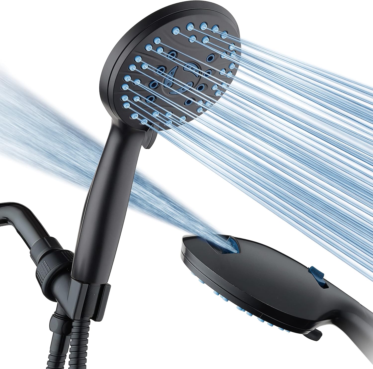 High-Pressure 8-Mode Handheld Showerhead — Anti-Clog Showerhead — Features a built-in high-power rinse function (ideal for cleaning bathtubs, tiles, and pets); includes an extra-long 6-foot stainless steel hose, plus wall-mount and overhead brackets.