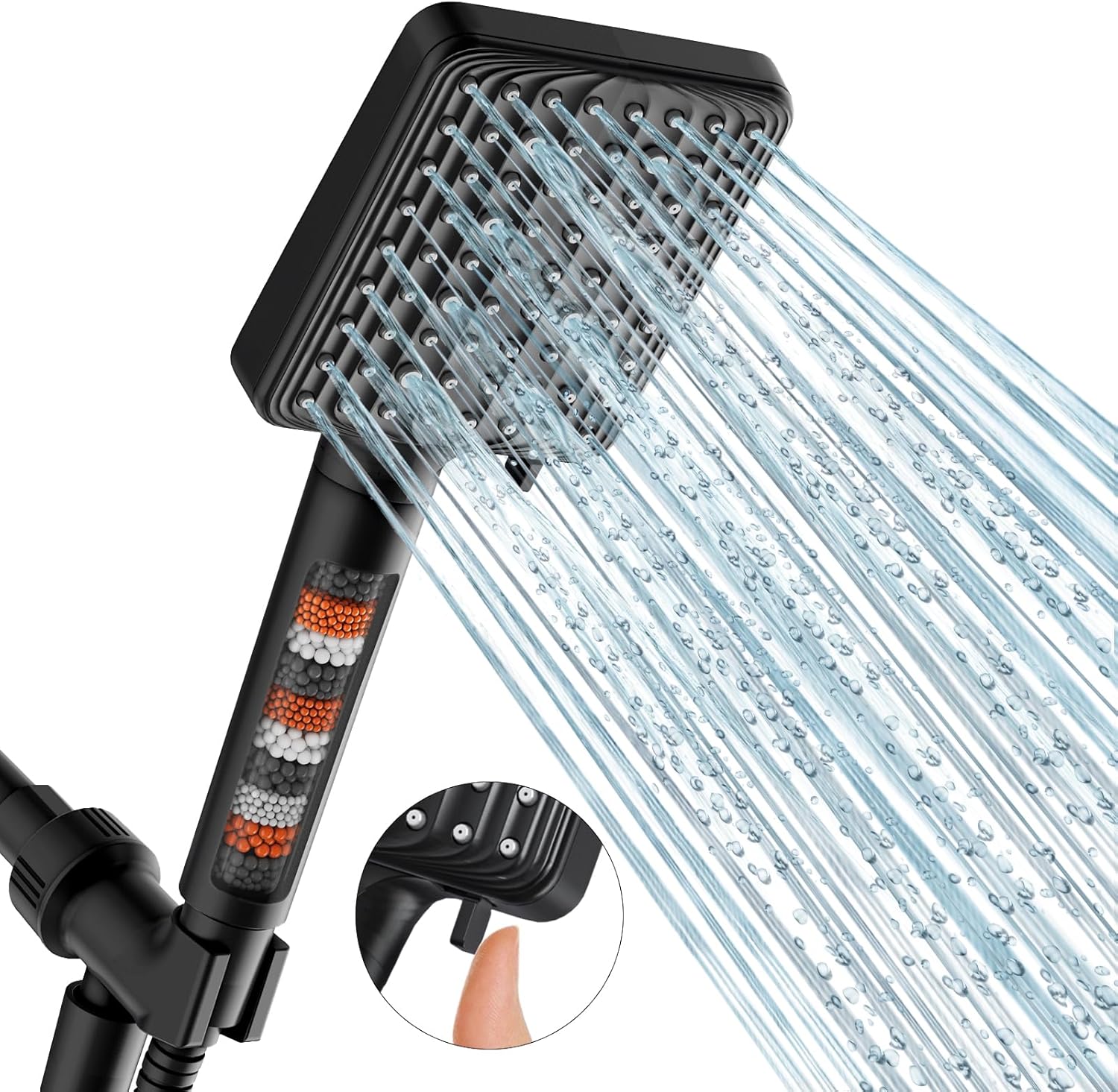 Filtered Showerhead (Black) — A 6-mode, high-pressure handheld showerhead with built-in mineral filtration beads; this detachable handheld set includes a stainless steel hose and a shower bracket.
