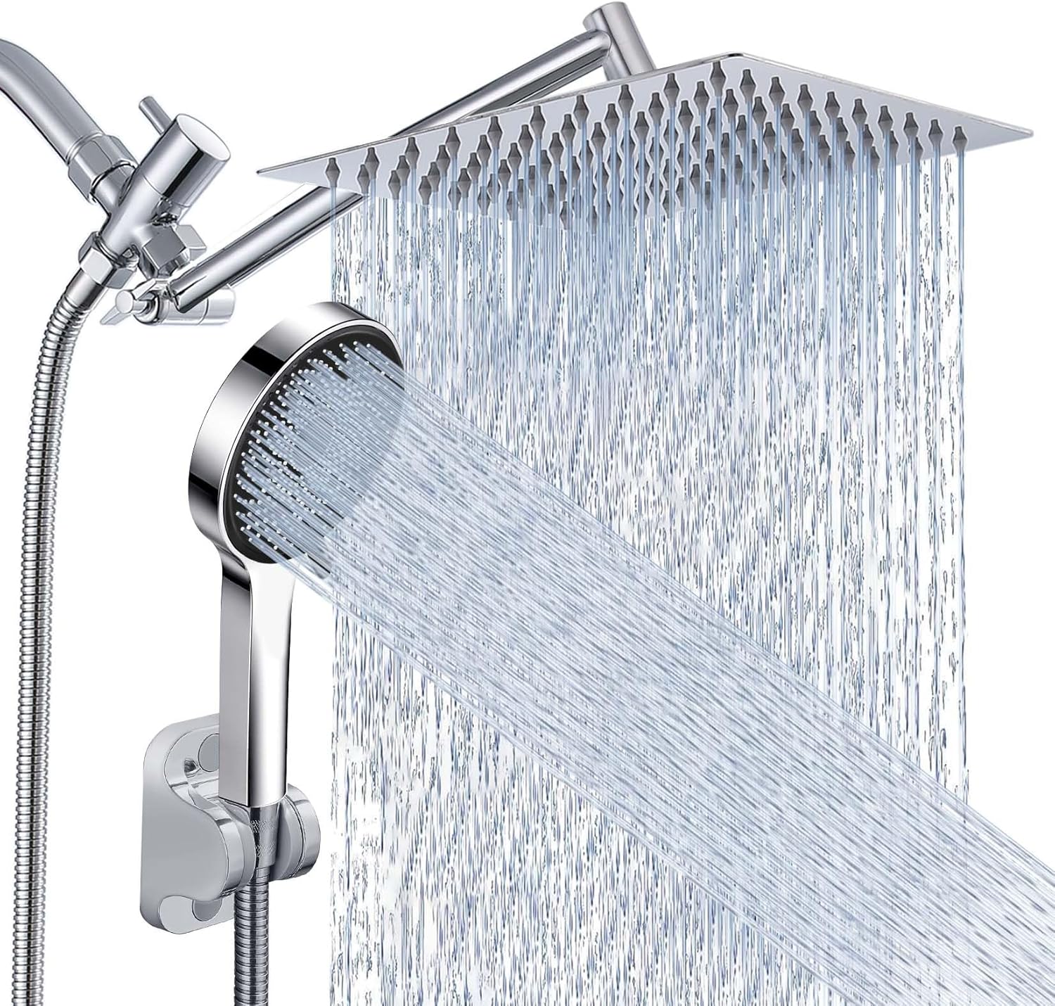 Showerhead — Rain Shower and Handheld Spray Combo, 10-Inch Adjustable High-Pressure Rain Showerhead, Dual Shower Set Includes Extension Arm and 60-Inch Shower Hose (Silver)
