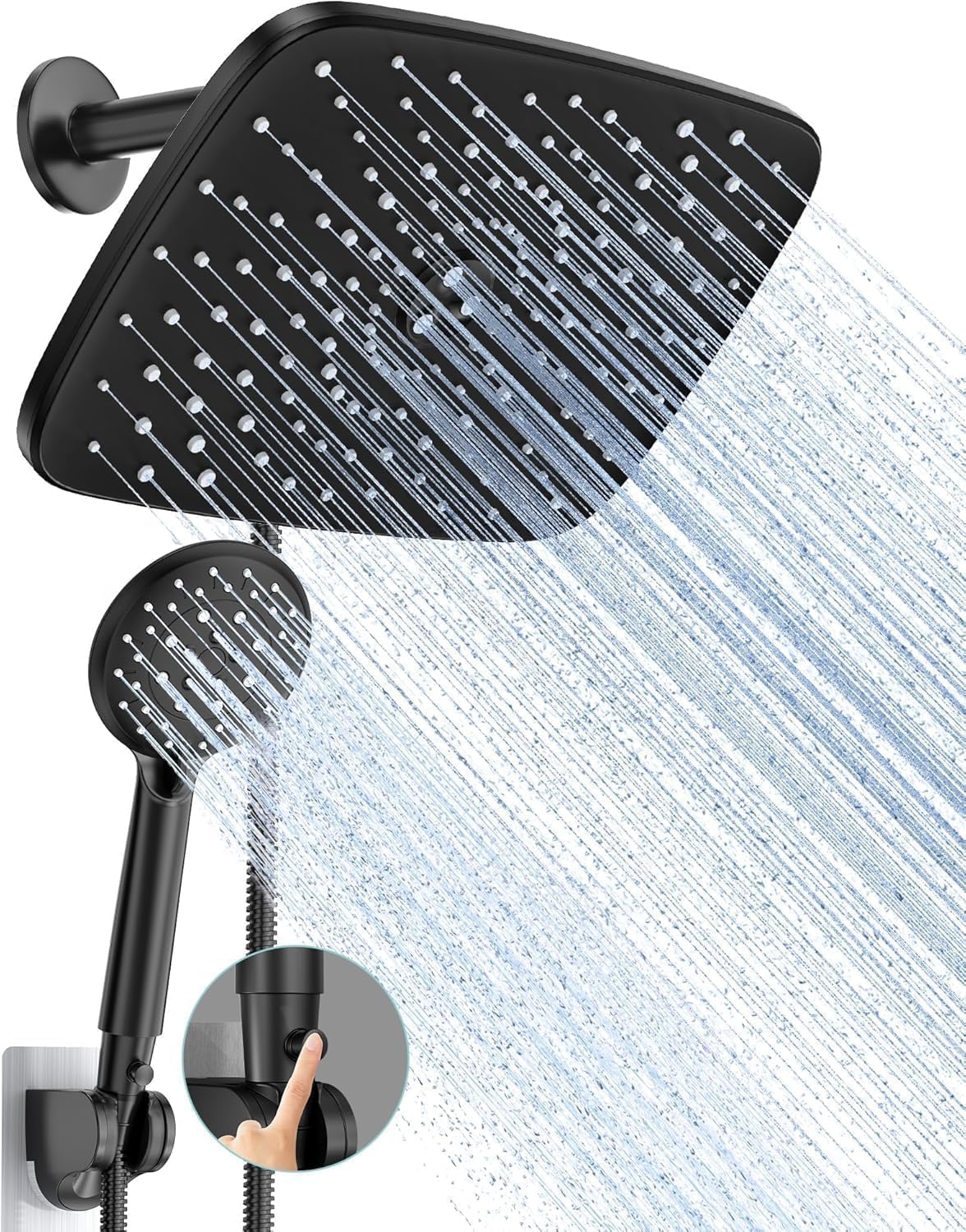 11.8-Inch Rain Showerhead (with Handheld) — High-Pressure Dual Shower Combo, Handheld Unit Features 5 Spray Modes, Wide-Coverage Rain Showerhead with Hose, Bathroom Fixture, Matte Black