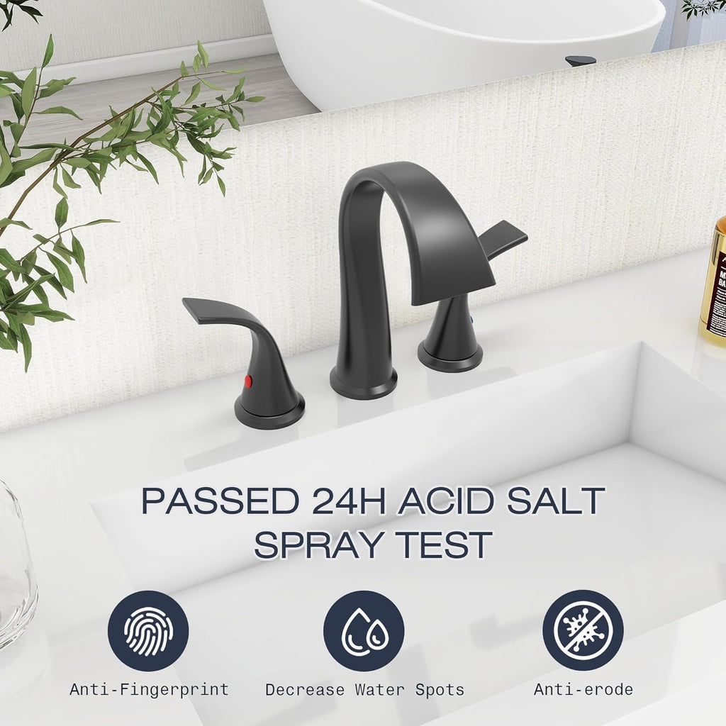 Bathroom Faucet: 3-hole lavatory faucet (includes lift-rod drain assembly and supply hoses); features an 8-inch wide-flow waterfall spout and dual-handle design; suitable for vanities, restrooms, and commercial settings (Black finish).