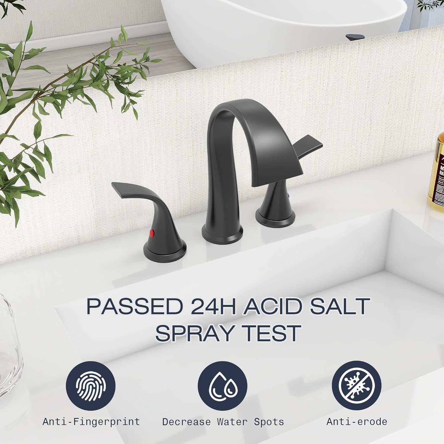 Bathroom Faucet: 3-hole lavatory faucet (includes lift-rod drain assembly and supply hoses); features an 8-inch wide-flow waterfall spout and dual-handle design; suitable for vanities, restrooms, and commercial settings (Black finish).