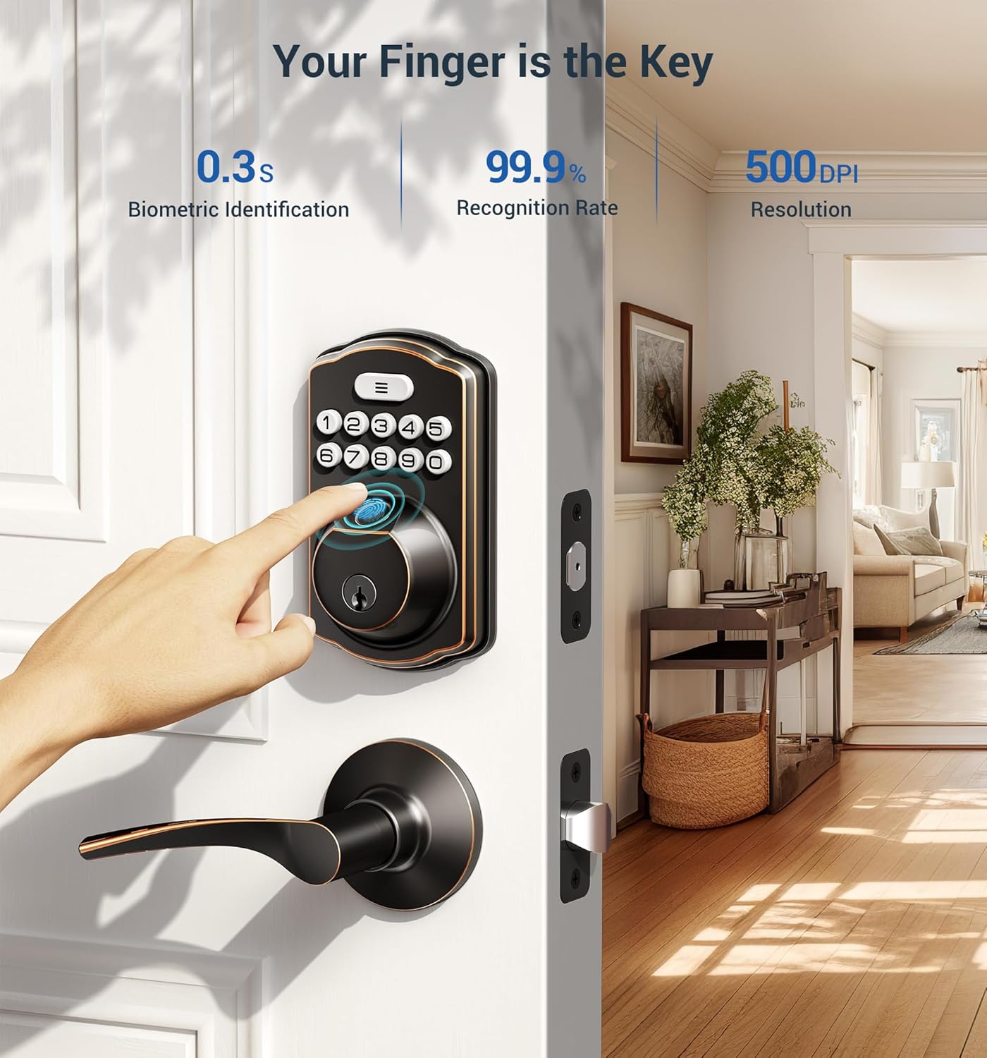 Fingerprint Door Lock with 2 Lever Handles - Keyless Entry Door Lock, Electronic Keypad Deadbolt & Front Door Lock Handle Sets, Auto Lock, Easy Installation, Oil Rubbed Bronze