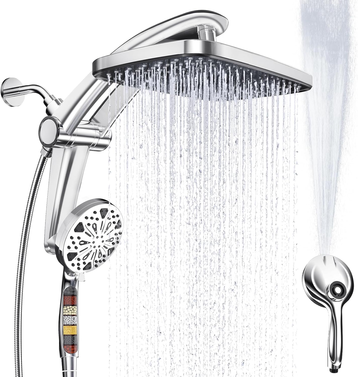 Filtered Rainfall Shower Set — A combination system featuring both a high-pressure rainfall showerhead and a handheld shower. Includes an adjustable integrated bracket, a built-in magnetic docking base, and a powerful jet spray mode.