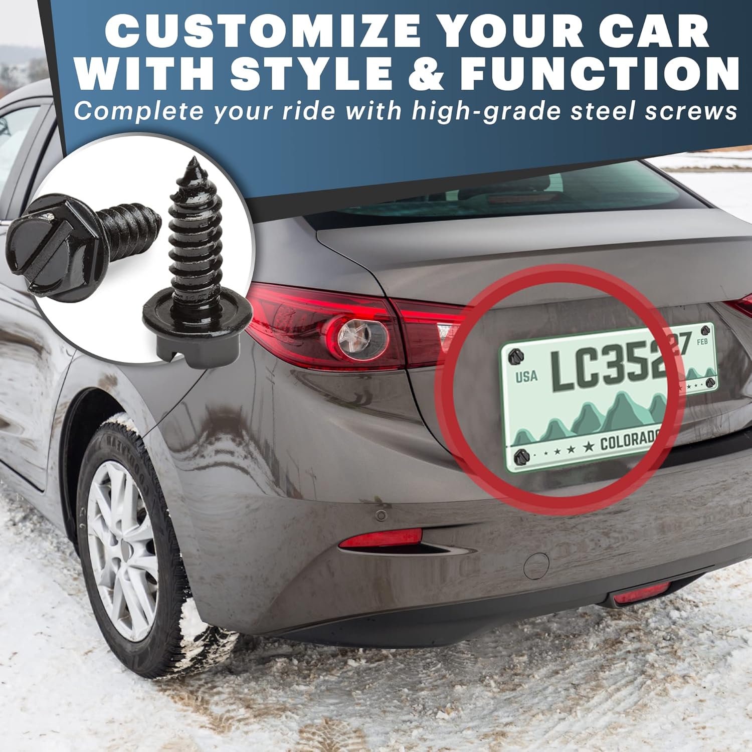 License Plate Screws with Rustproof Finish - License Plate Screw Kit for Front & Rear Plates - License Plate Bolts for Domestic Vehicles - Stainless Steel Screws for License Plates (4-Pack, Black)