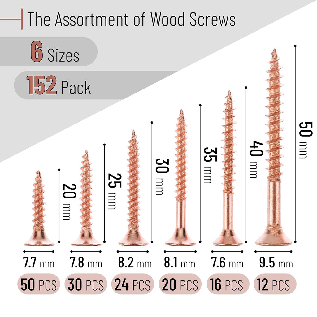 Wood Screws Assortment Kit, 152 pcs, 6 Sizes, Rose Gold Wood Screws Phillips Tips, Assorted Screws, Screw Assortment, Screw Set Assortment, Assorted Wood Screws Set, Flat Head Screws