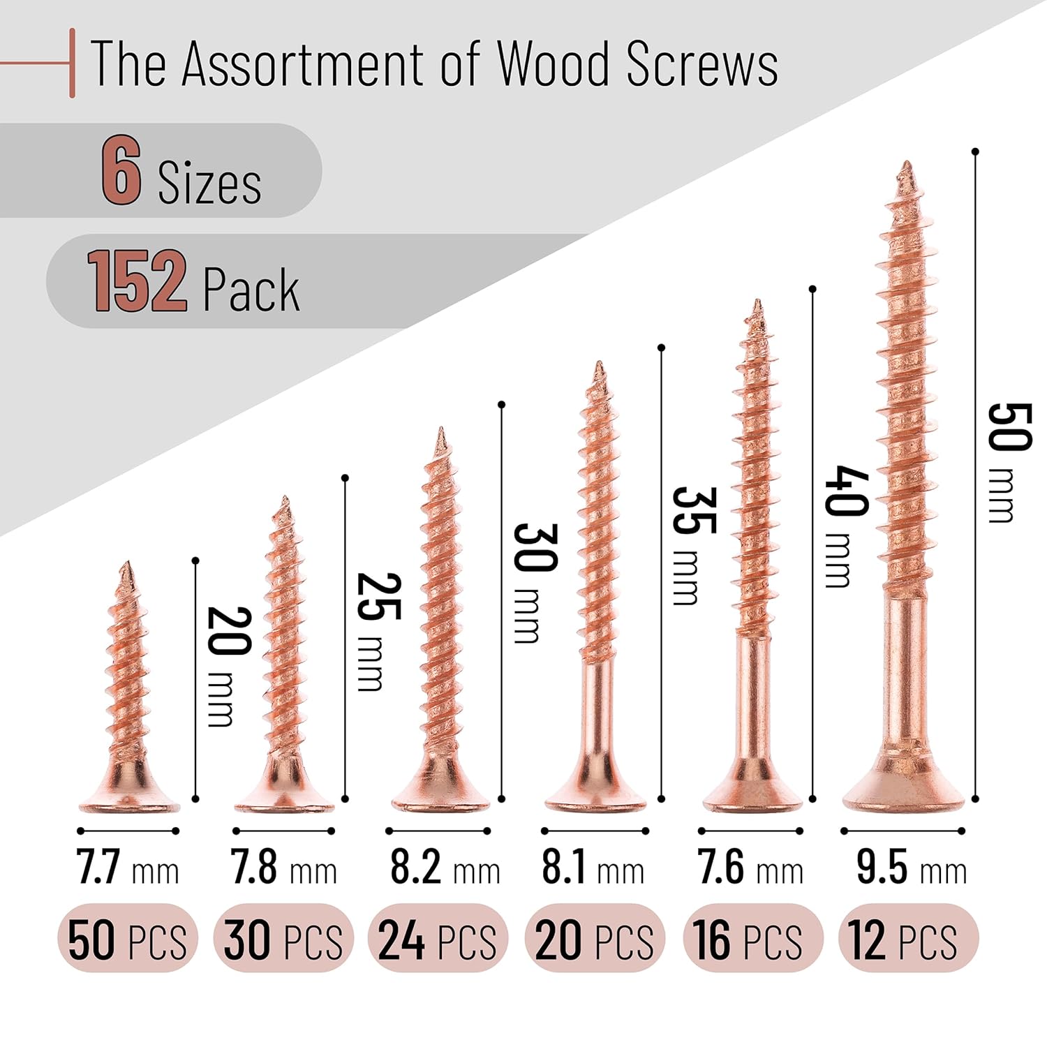Wood Screws Assortment Kit, 152 pcs, 6 Sizes, Rose Gold Wood Screws Phillips Tips, Assorted Screws, Screw Assortment, Screw Set Assortment, Assorted Wood Screws Set, Flat Head Screws