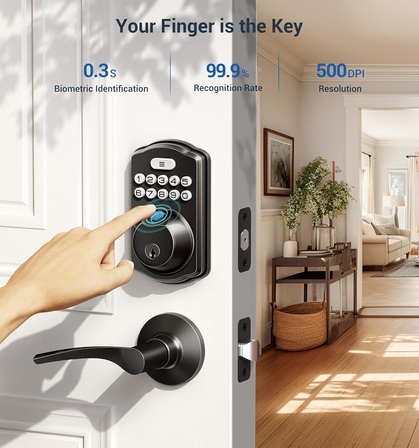 Fingerprint Door Lock with 2 Lever Handles - Keyless Entry Door Lock, Electronic Keypad Deadbolt & Front Door Lock Handle Sets, Auto Lock, Easy Installation, Matte Black