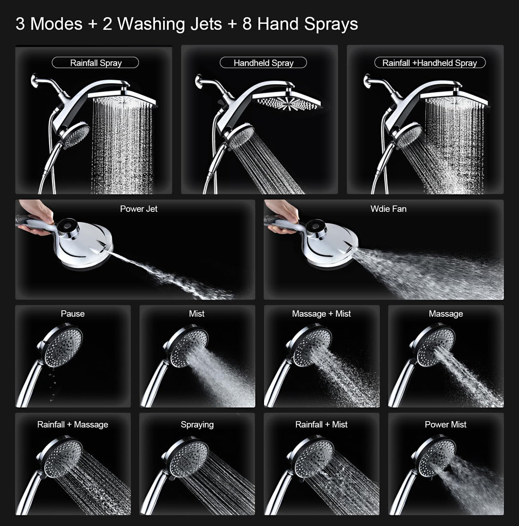 High-Pressure Rain Showerhead — Upgraded Shower Combo Set, Includes Fixed Overhead Head and 10-Spray-Mode Handheld Shower, Detachable Handheld Unit with Built-in Magnetic Docking and Power Jet Function