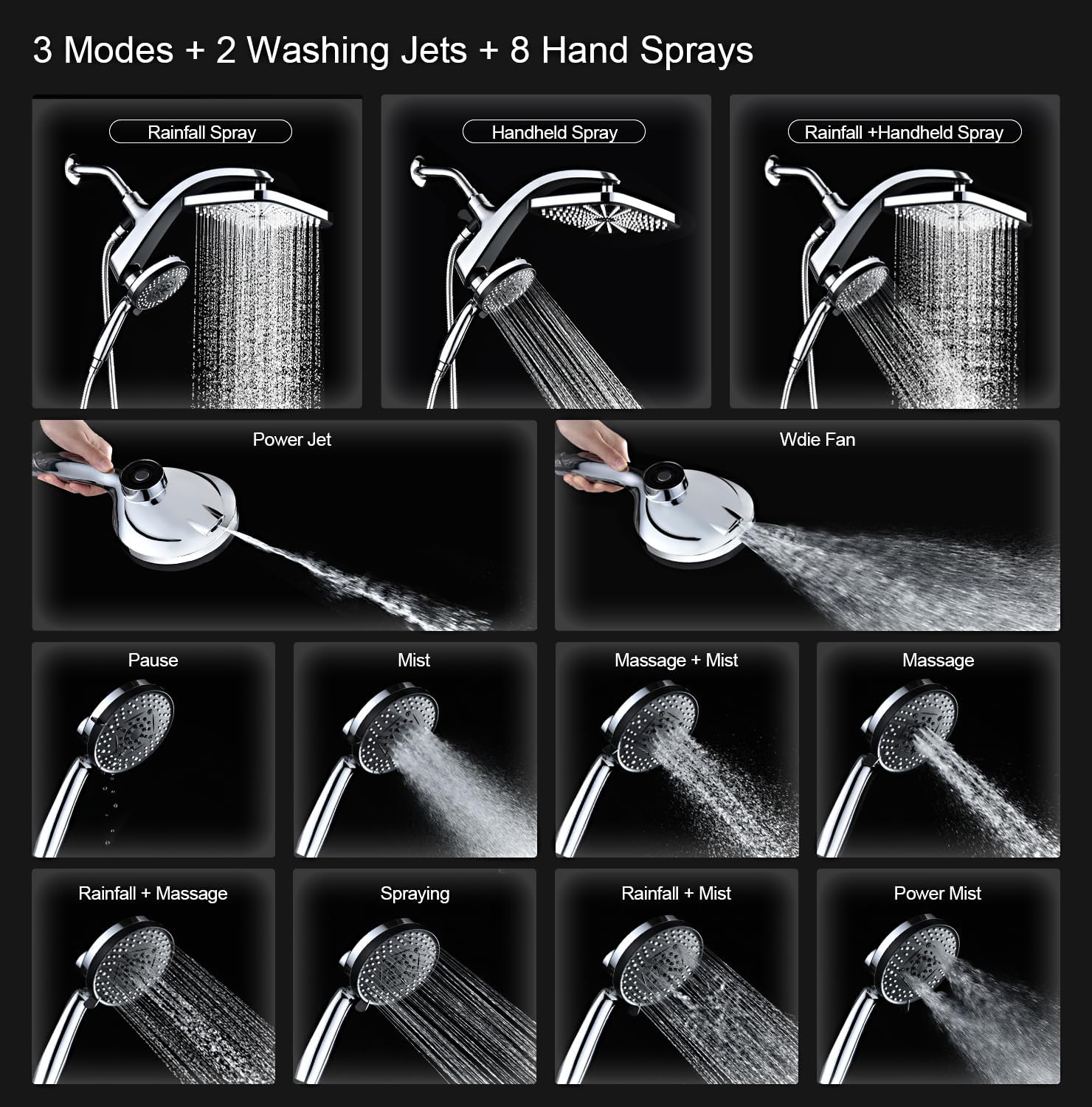 High-Pressure Rain Showerhead — Upgraded Shower Combo Set, Includes Fixed Overhead Head and 10-Spray-Mode Handheld Shower, Detachable Handheld Unit with Built-in Magnetic Docking and Power Jet Function