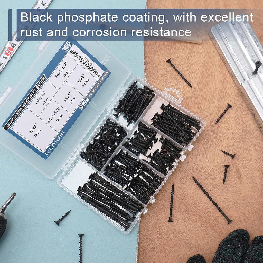 High Hardness Drywall Screws Assortment Kit, 166 pcs, Coarse Thread, Phillips Drive, Black Wood Screws, Screws Assortment, Screws Set, 6 Sizes (3”,2”,1-1/2”,1-1/4”,1”,3/4”)