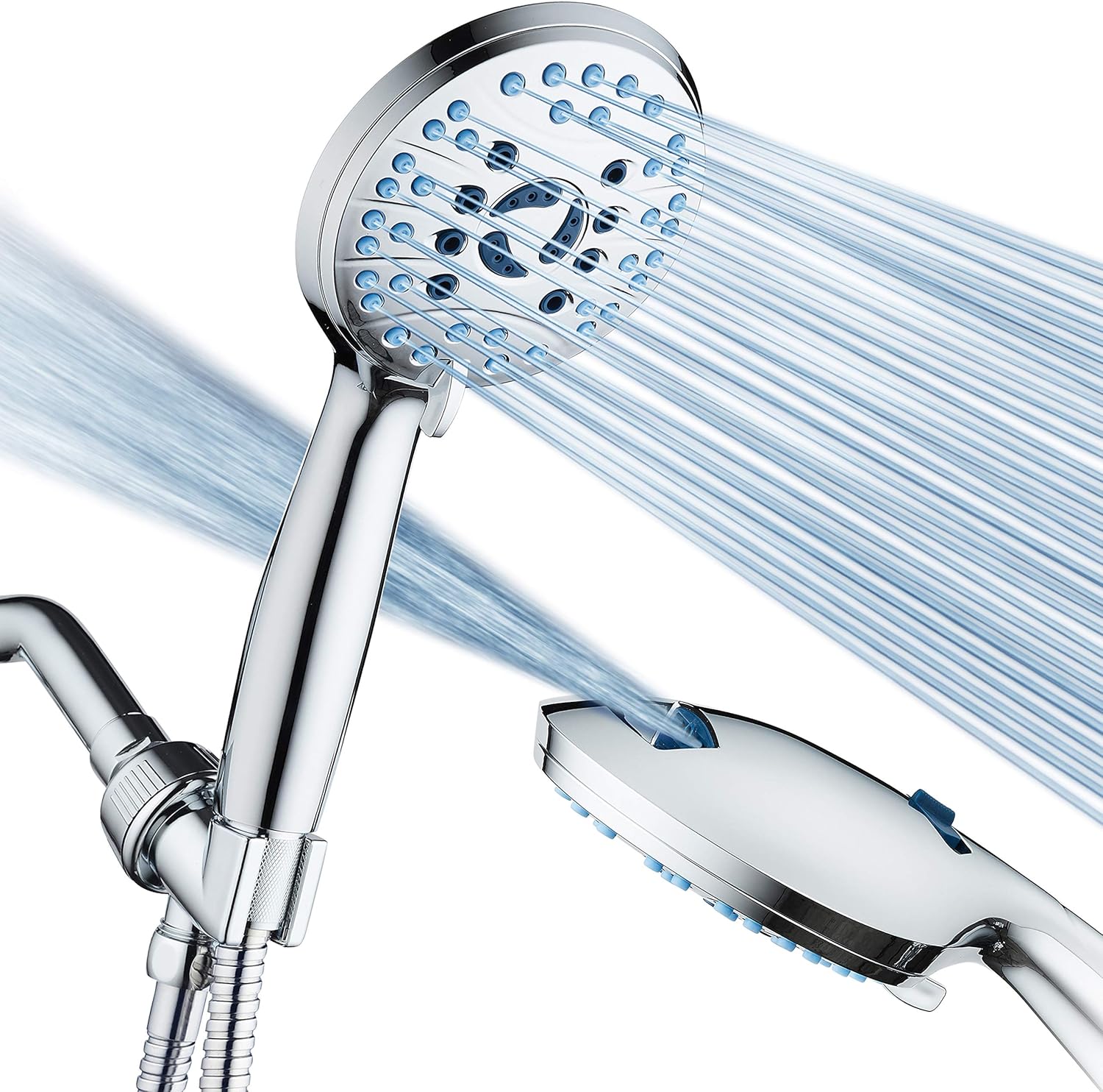 High-Pressure 8-Mode Handheld Showerhead — Clog-Resistant Nozzles, Built-in Power Wash Function (for cleaning tubs, tiles, and pets), Includes Extra-Long 6-Foot Stainless Steel Hose, Wall Mount, and Overhead Bracket