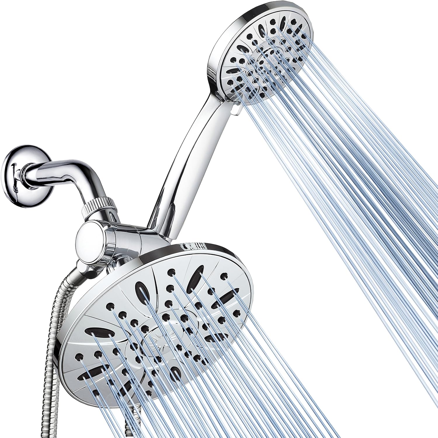 7-Inch Premium 3-Way Rainfall Shower Combo — Combines the benefits of a rainfall showerhead and a 6-mode handheld shower in one system. Use them individually or simultaneously to enjoy a truly luxurious shower experience (Chrome Finish).
